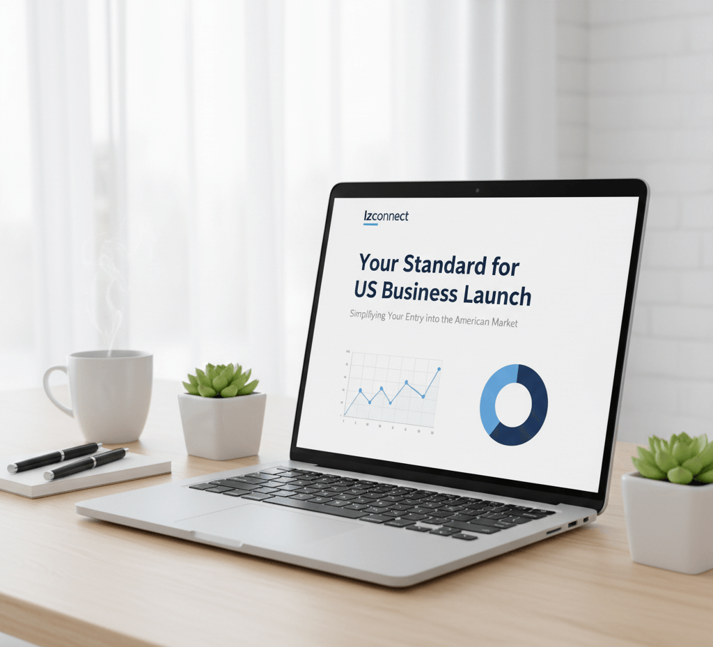 햇살이 들어오는 책상위에 노트불이 열린채 올려져 있고 안에는 lzconnect 목업이 있다